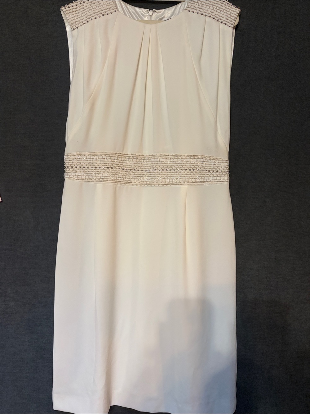 Tahari Cream Beaded Shoulder and Waist Sheath Dress